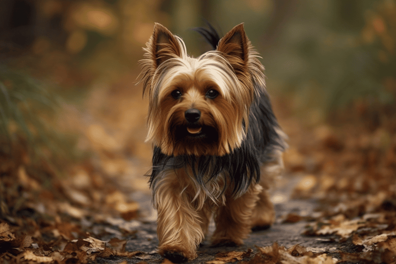 Dog on nature trail during fall season, exploring outdoor environment.