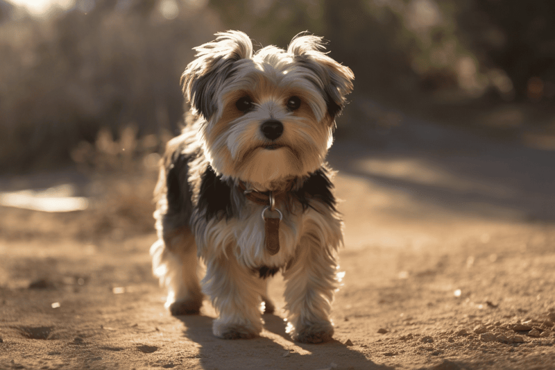 Dog walking on dirt trail in sunlight, adorable small breed, outdoor pet photo.