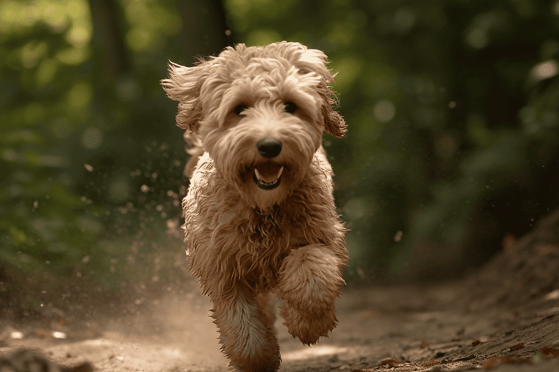 Adorable dog joyfully running through a forest trail, enjoying the outdoors and fresh air.