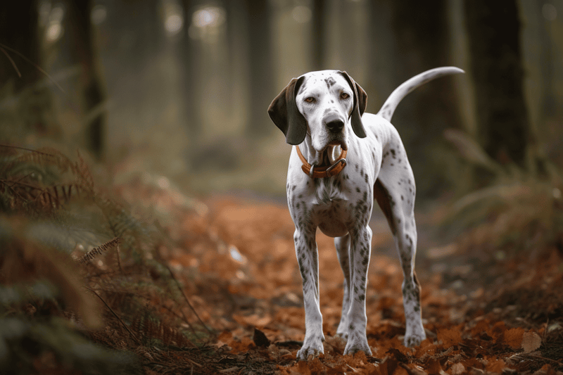 Adorable Dalmatian puppy exploring outdoor woodland area, perfect for dog lovers.
