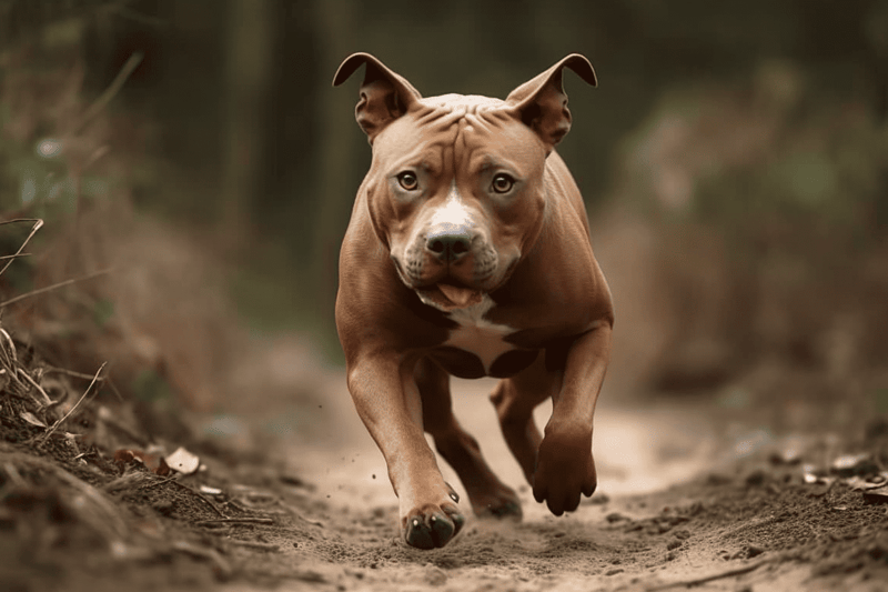 Dog running on dirt trail in nature.