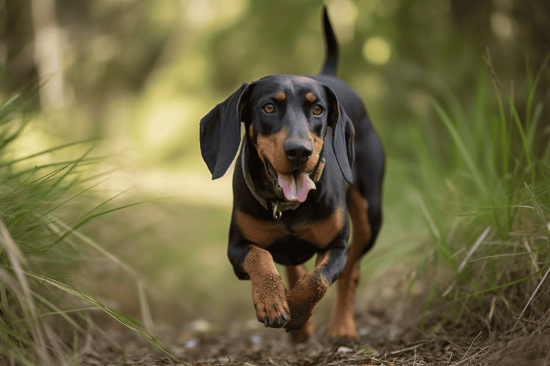 Dog running on nature trail during daytime.