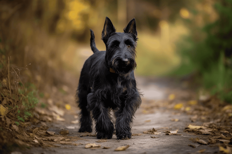 Brightly lit Schnauzer dog with a bushy beard walking on a trail in autumn.