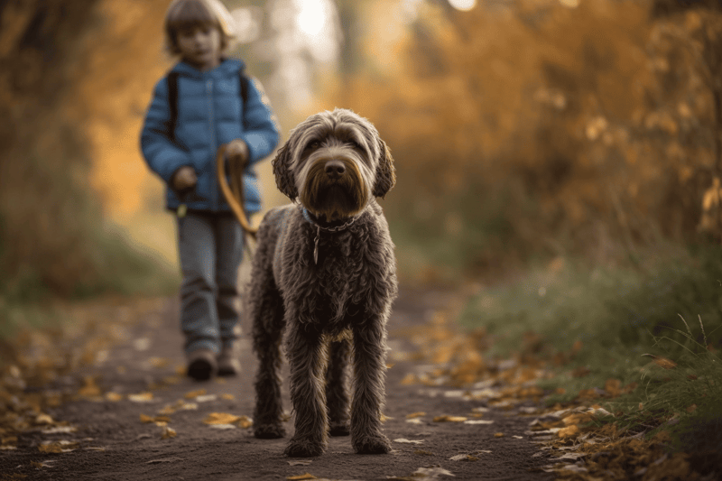 Dog walking on trail with child in autumn woodlands, outdoor pet walking, fall adventure with dog.