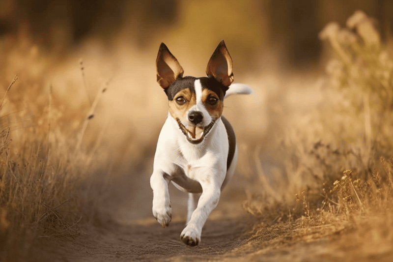 Happy Jack Russell puppy running on trail in nature.