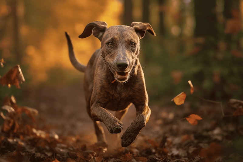 Adorable dog running through a fall forest in golden sunlight, showcasing energetic outdoor play.