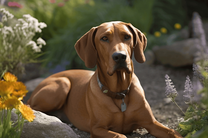 A focused and calm brown dog lying on the garden ground surrounded by colorful flowers and greenery.