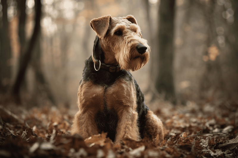Airedale Terrier dog sitting in a fall forest, showcasing its distinct wiry coat and attentive expression.