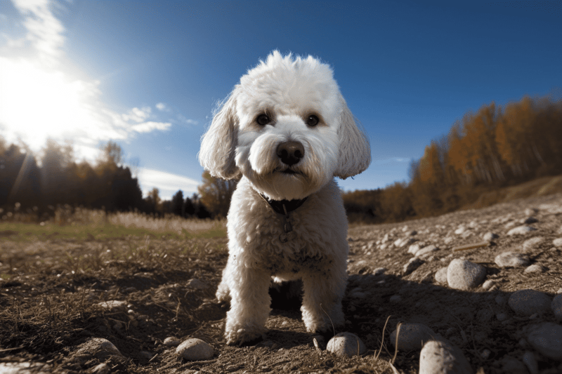 Dog, small dog, outdoor walk, nature, furry companion, pets, sunny day, landscape.