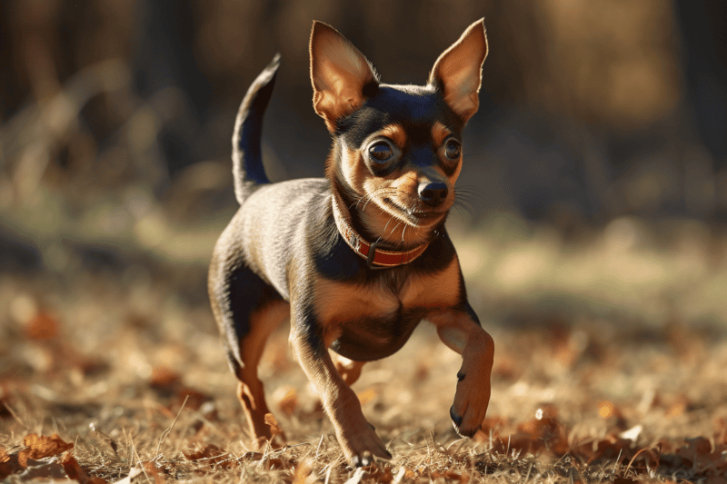 Adorable small dog, possibly a Chihuahua, running outdoors in a park during fall with leaves on the ground.