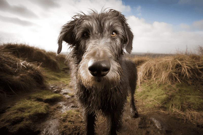 High-quality image of a Wet Savvy Irish Wolfhound dog in outdoor natural environment.