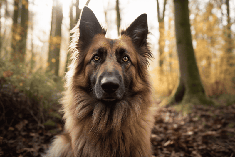 Adventure-ready German Shepherd in forest.
