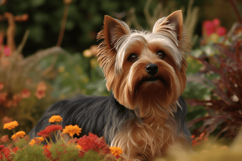 Yorkie dog outdoors with flowers, community care, and pet-friendly environment.