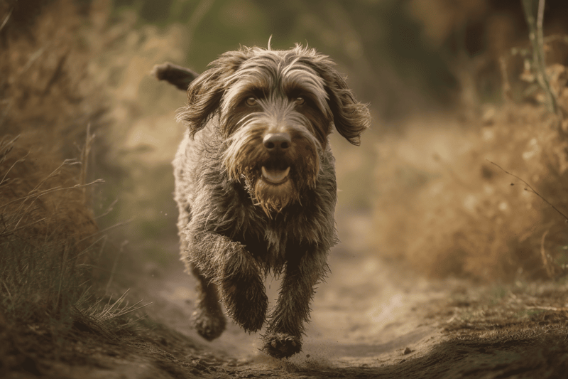 A cheerful dog running through a dirt trail in the woods, enjoying outdoor adventure.
