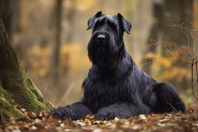 Dog in forest, Hungarian Komondor with thick black coat, lying on fallen leaves during fall, outdoor nature scene.