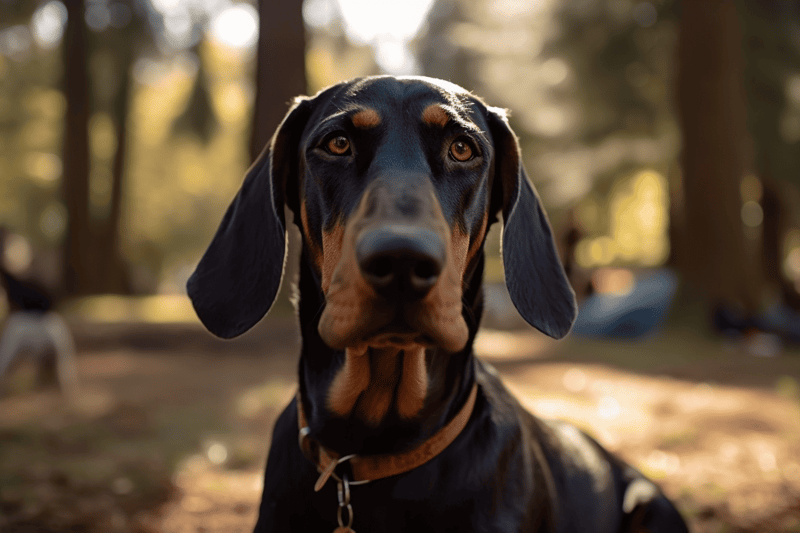 Dog sitting outdoors in forest, looking directly at camera for pet care.
