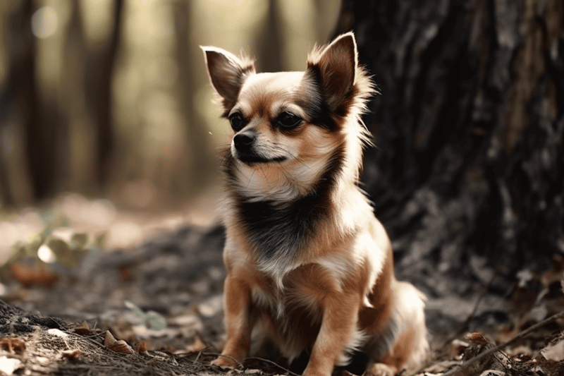 Adorable Chihuahua dog in nature, sitting by a tree trunk, showcasing a friendly and attentive expression.