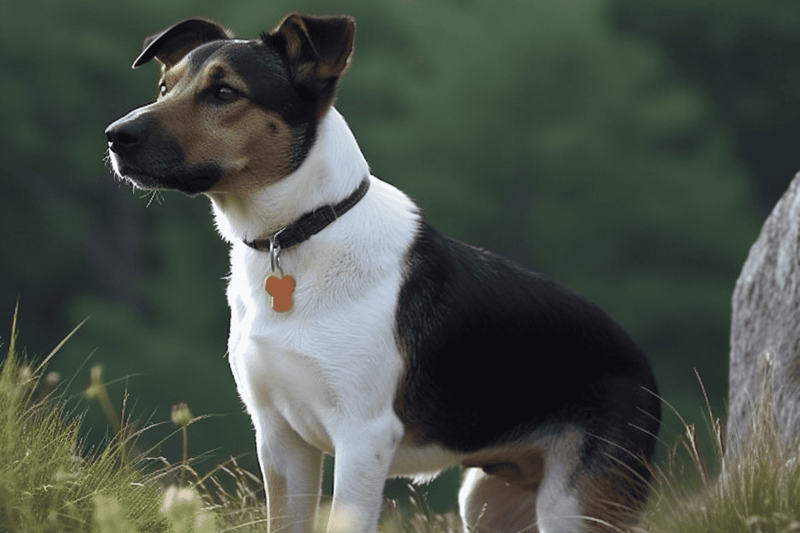 Dog looking alert outdoors.