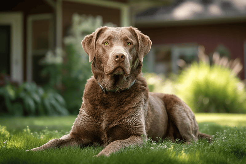 Labrador Retriever relaxing outdoors with lush green background.