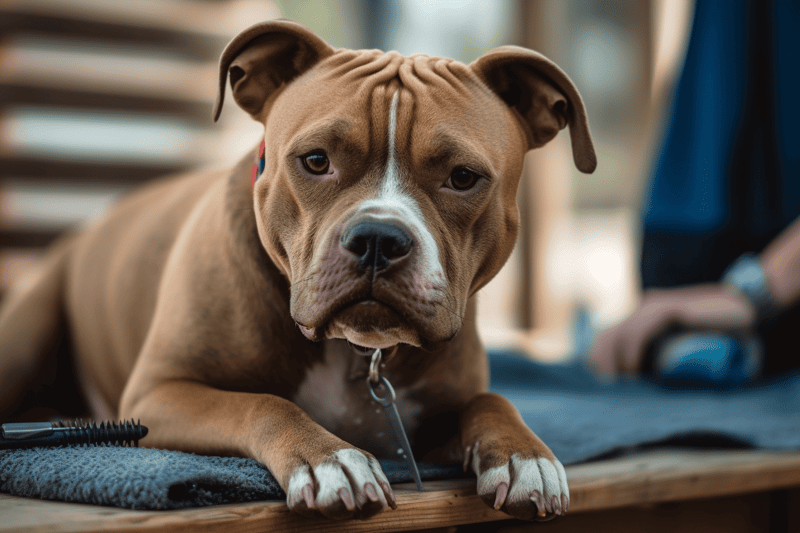 Close-up of a cute and alert pitbull dog resting on a wooden floor, indoors.