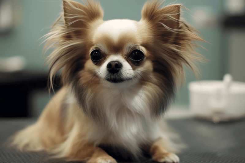 Small and adorable Pomeranian sitting indoor, fluffy coat, big dark eyes, and pointed ears, perfect for pet lovers.