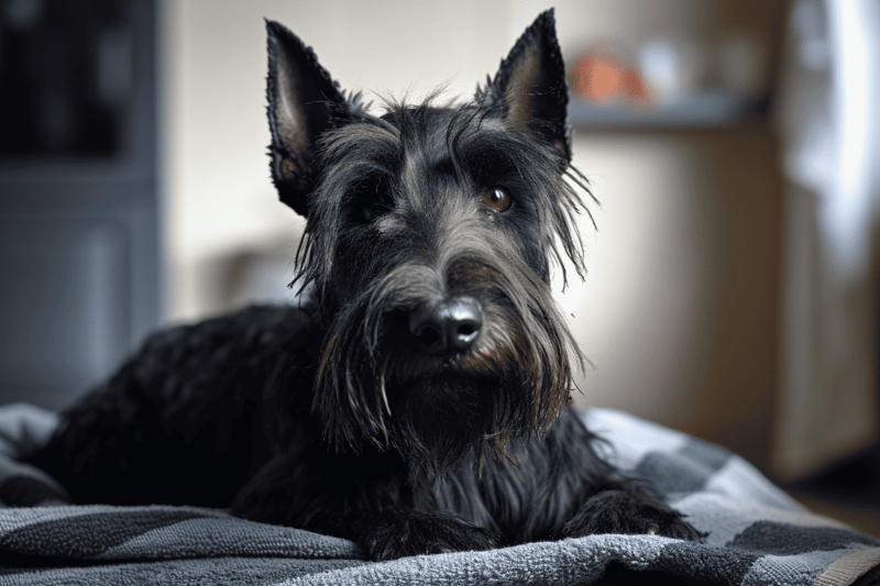 Black Scottish Terrier lying on a blanket, indoor home setting.