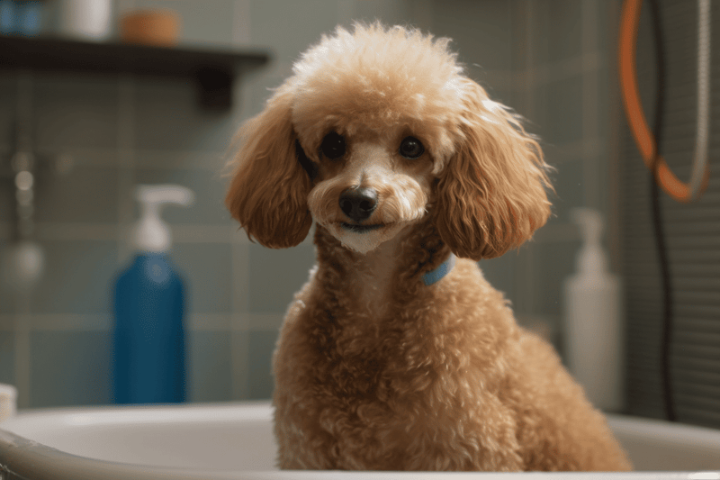 Dog grooming, poodle grooming, pet care, dog at grooming salon.