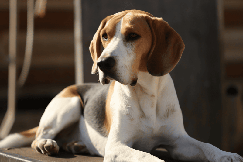 Cute Beagle puppy lying on a wooden floor, relaxed and calm.