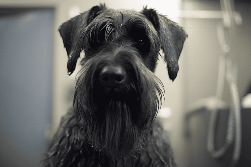 Close-up of a well-groomed black and gray dog with a neat beard and shiny coat, resting at a pet grooming salon.