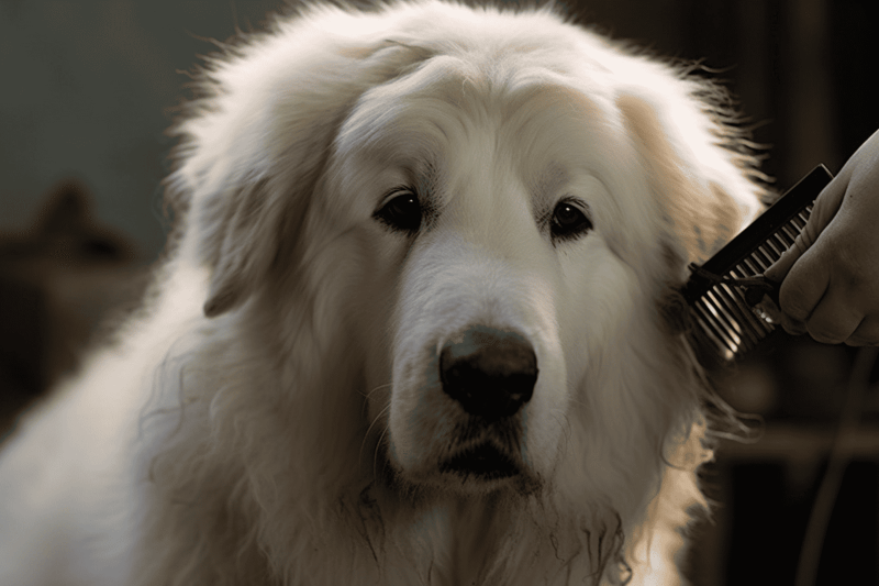 Cute white dog getting groomed with a brush.