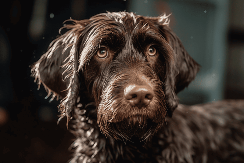 Close-up of cute brown labrador with wet fur, eyes looking at camera, in shower or bath setting, clean dog grooming.
