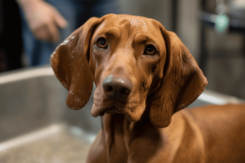 Vibrant image of a brown dog being bathed, highlighting pet grooming and care services.