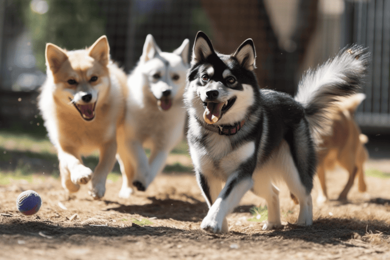 Adorable Siberian Husky and Siberian Klee Kai puppies playing outdoors on dirt ground.