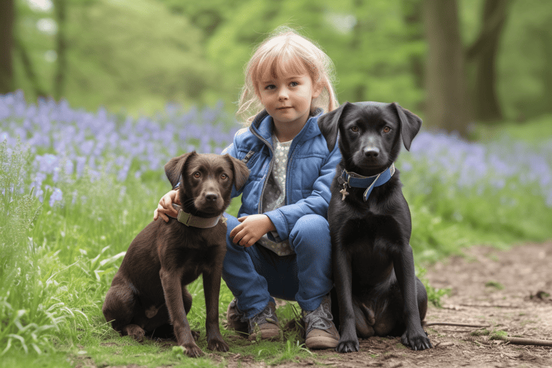Explore heartwarming moments with a girl and her two loyal dogs during a scenic outdoor park visit. Perfect for pet lovers and animal enthusiasts.
