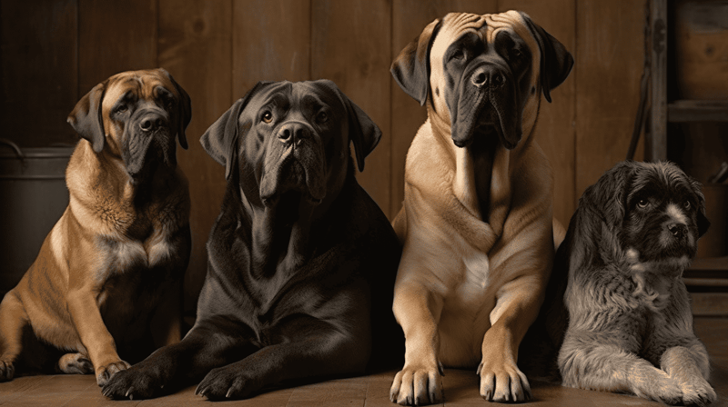 Large mastiff dogs sitting indoors with serious expressions, showcasing breed characteristics and sturdy build.