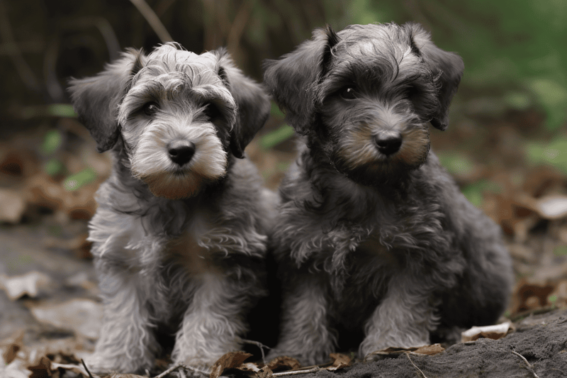 Adorable Dachshund puppies sitting outdoors among leaves and natural background.
