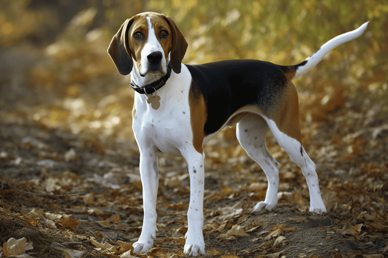 2. Adorable beagle dog standing outdoors on fallen autumn leaves, alert and curious.