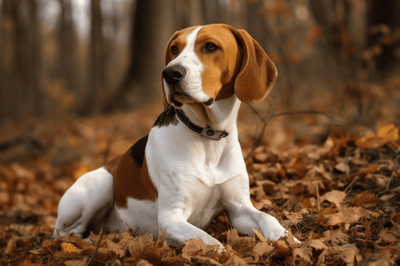Adorable Beagle dog resting on fallen autumn leaves in a scenic forest setting.