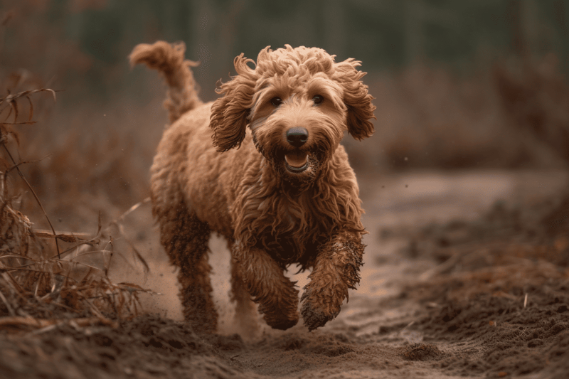 Adorable golden puppy enjoying outdoor adventure, playful dog running on earthy trail.