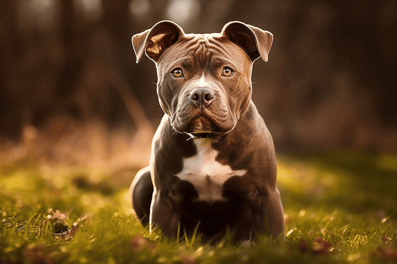 Energetic and muscular pitbull puppy sitting outdoors. Perfect for dog lovers seeking an active and loyal breed.