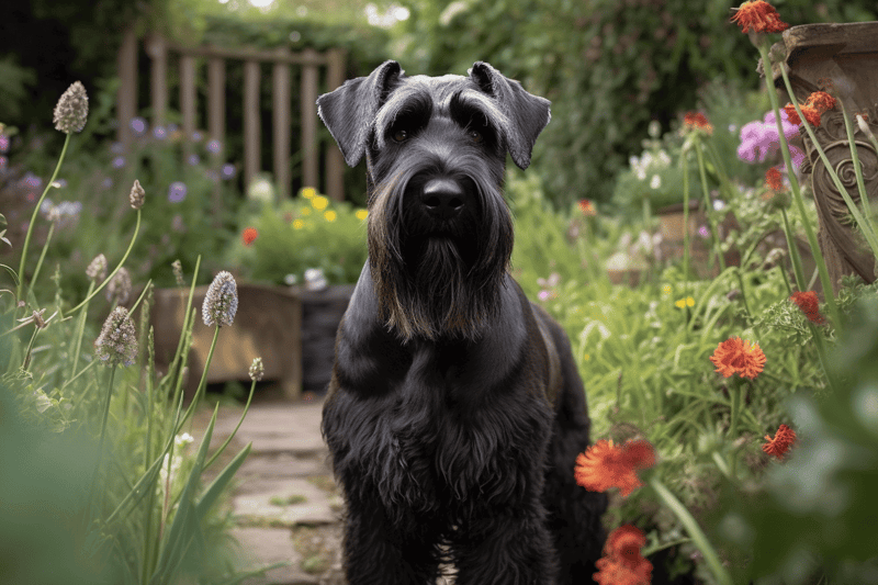Adorable Schnauzer dog sitting among flowers in a lush garden environment.