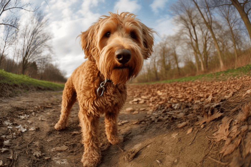 Friendly dog on nature trail.