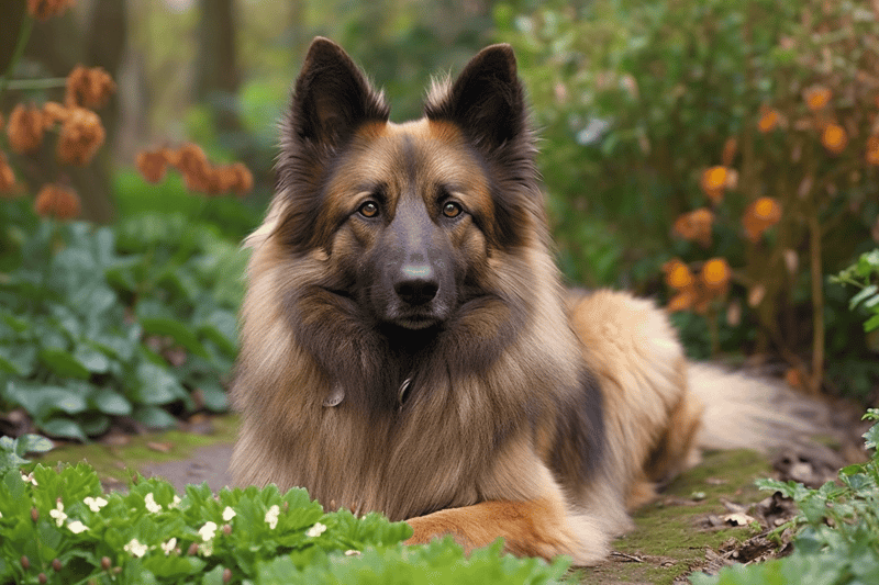 Dog lying outdoors in a garden amidst vibrant greenery.