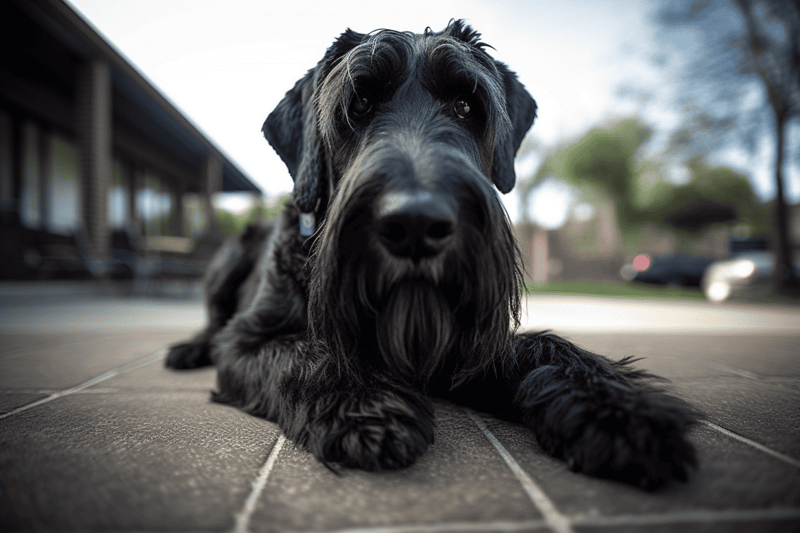 High-quality image of a black and gray dog lying on the tiled floor, looking directly at the camera.
