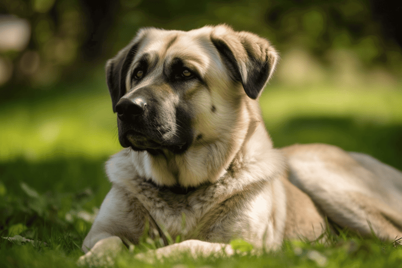 Dog shepherd lying on green grass in outdoor setting, showcasing its calm and attentive demeanor.