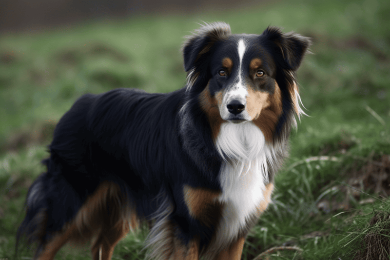 Australian Shepherd dog, outdoors in grassy field, demonstrating intelligence and agility.