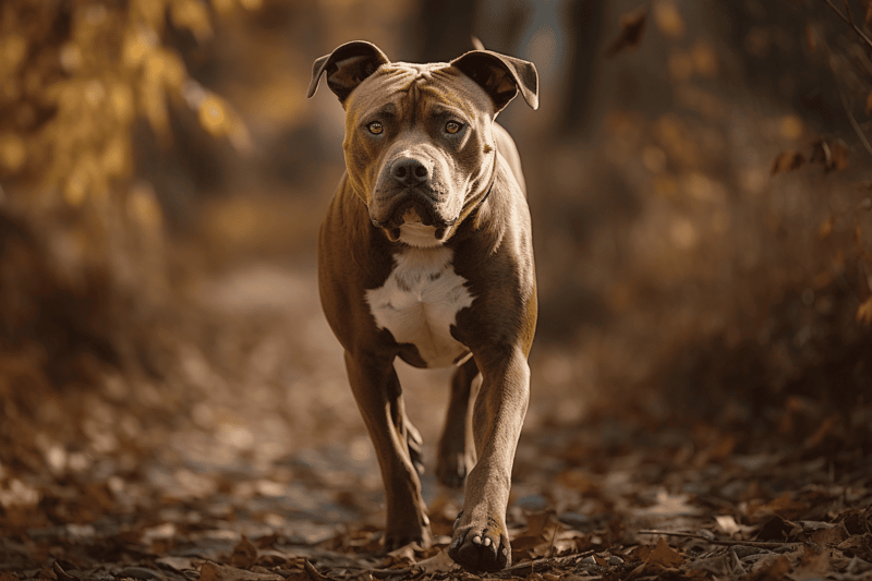 Bold, muscular dog walking through autumn-leafed trail.