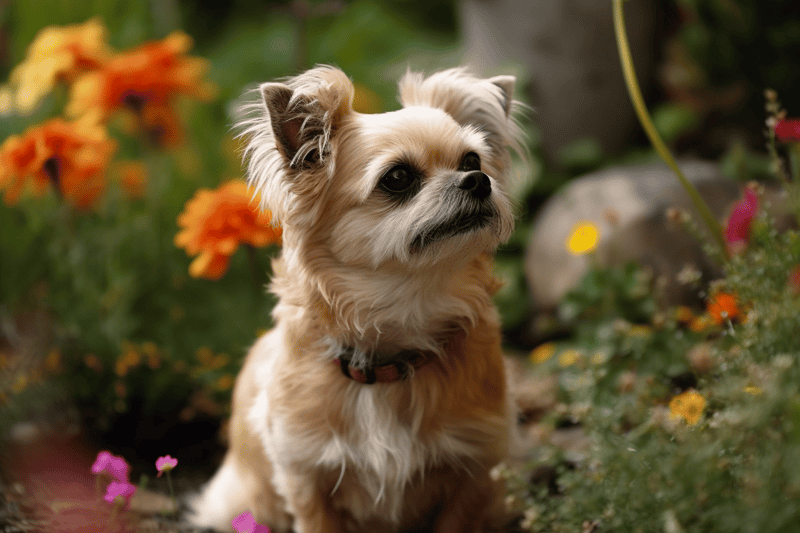 Adorable small dog sitting amid colorful flowers in a lush garden setting. Perfect for pet care and dog wellness topics.