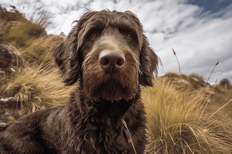 Adorable brown dog outdoors in natural grassy landscape, close-up shot of face, scenic background with cloudy sky.