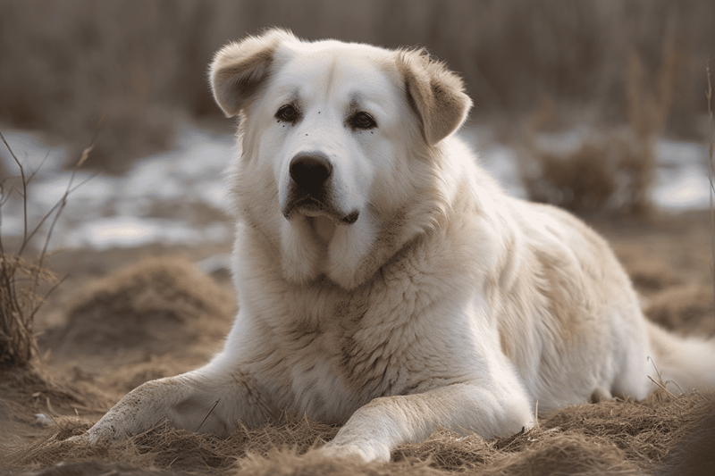 Labrador Retriever sitting outdoors on dirt with a calm expression, natural background.
